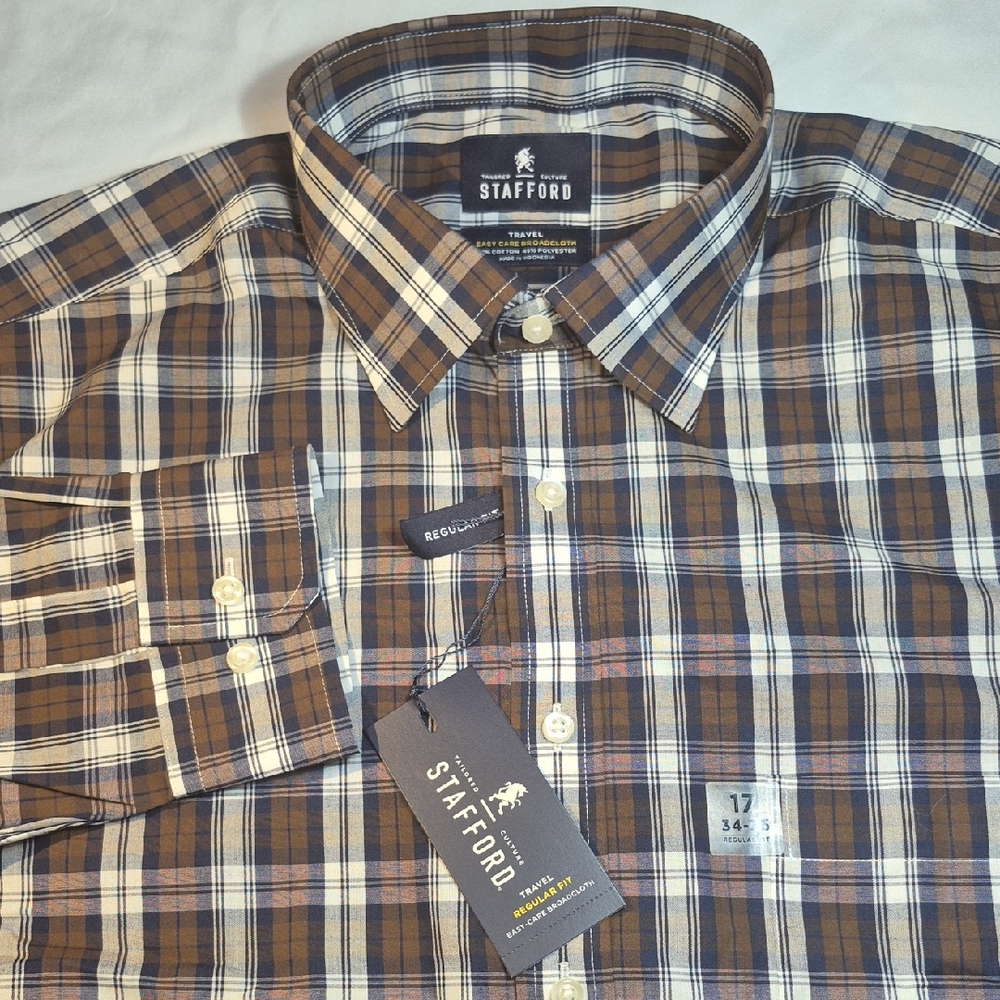 Stafford Long Sleeve Men's Brown and White Plaid Button Down Shirt NWT